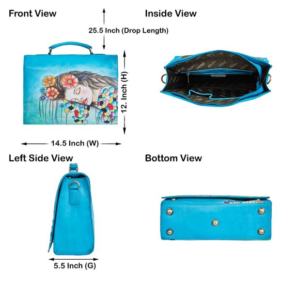 Hand-Painted Women Blue Business Shoulder Bag –Leather Top Handle Crossbody Bag - Picture 2 of 9